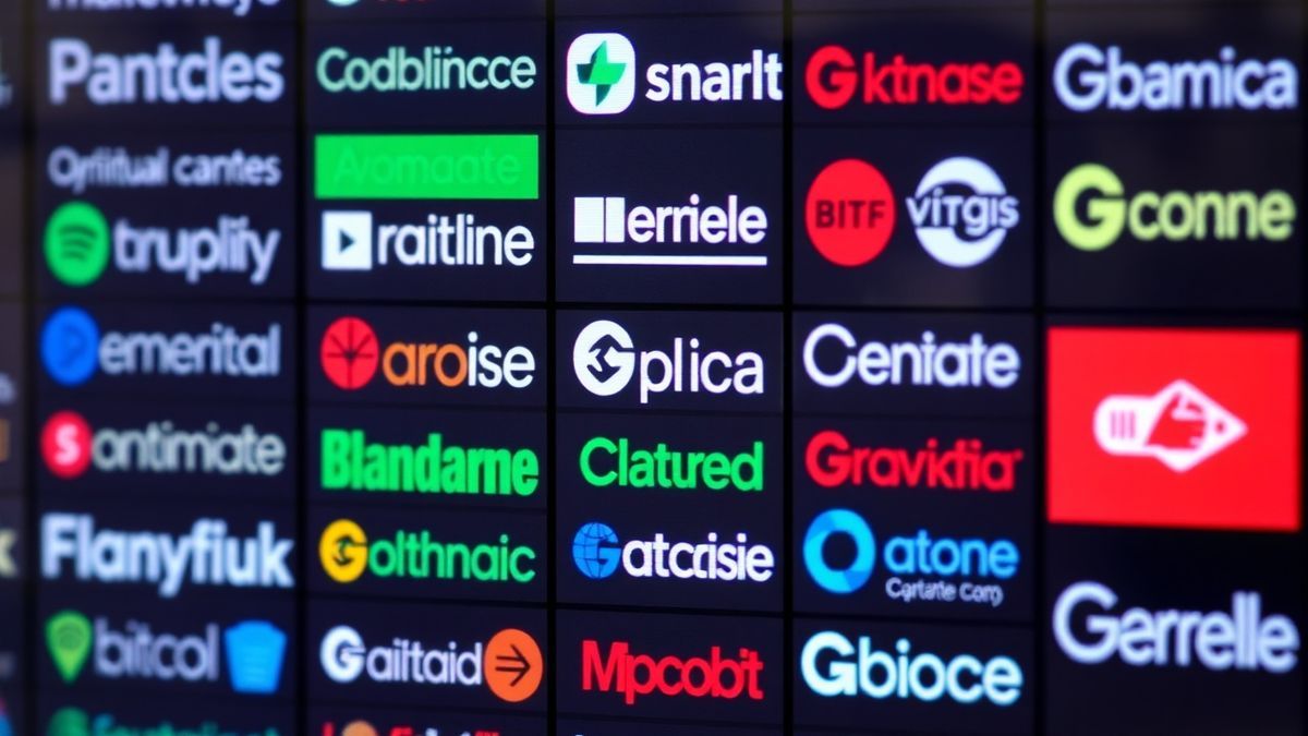 Collage of business names displayed on a digital screen Collage of business names displayed on a digital screen