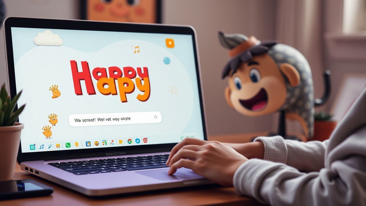 happy creator using laptop with name generator interface and character art around
