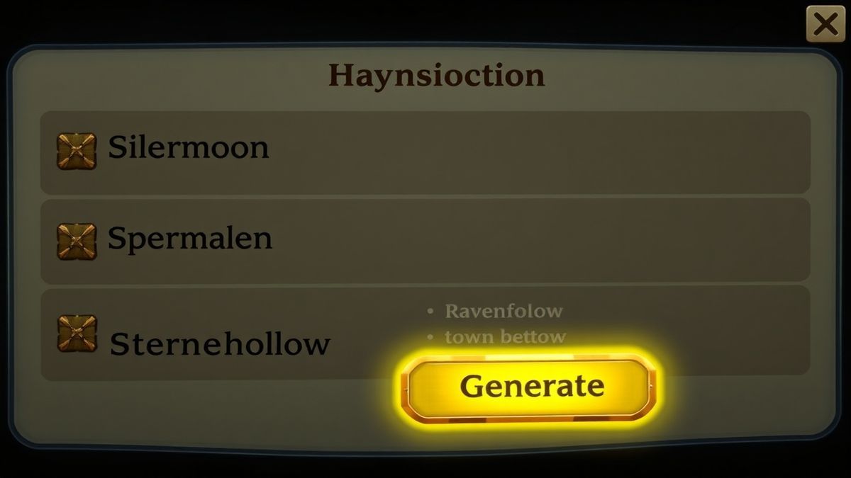 A digital interface showing a list of fantasy town names like Silvermoon, Ravenford, and Stonehollow with a glowing 