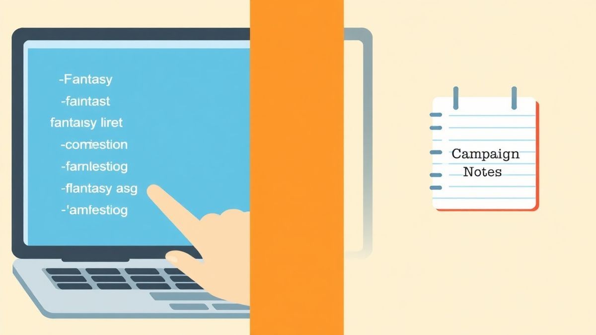 A split screen illustration showing a user clicking a mouse on a laptop, generating a list of fantasy names, and then dragging them into a notebook icon labeled 'Campaign Notes' A split screen illustration showing a user clicking a mouse on a laptop, generating a list of fantasy names, and then dragging them into a notebook icon labeled 'Campaign Notes'