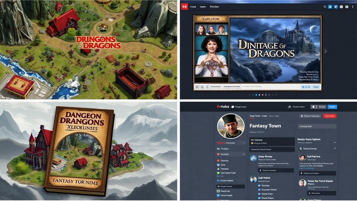 Collage of four different scenarios: a Dungeons & Dragons game map, a video game development screen, a fantasy book cover, and a social media profile setup page, all featuring fantasy town names Collage of four different scenarios: a Dungeons & Dragons game map, a video game development screen, a fantasy book cover, and a social media profile setup page, all featuring fantasy town names
