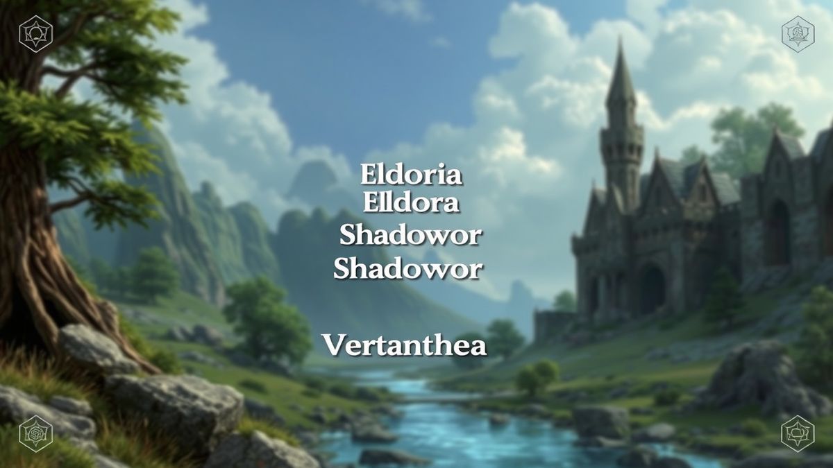An AI powered interface displaying a list of fantasy realm names like Eldoria, Shadowmoor, and Veranthea