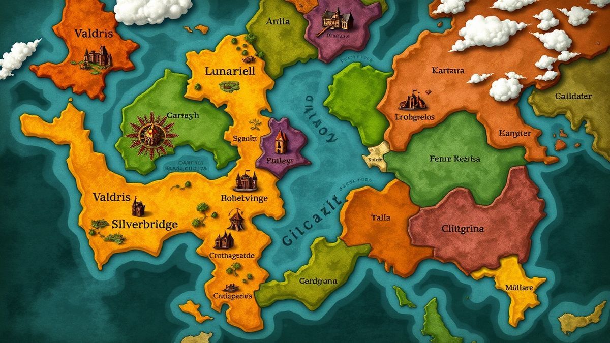 a colorful map of a fictional world with several city names marked on it like Valdris, Silverbridge, and Lunariel a colorful map of a fictional world with several city names marked on it like Valdris, Silverbridge, and Lunariel