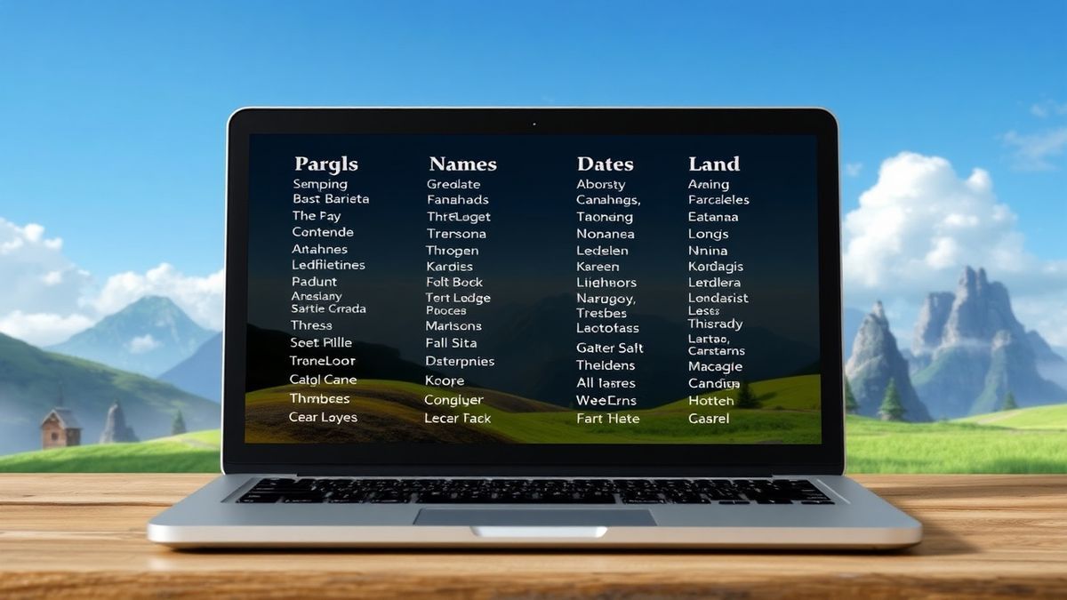Example list of generated fantasy land names on a laptop screen Example list of generated fantasy land names on a laptop screen