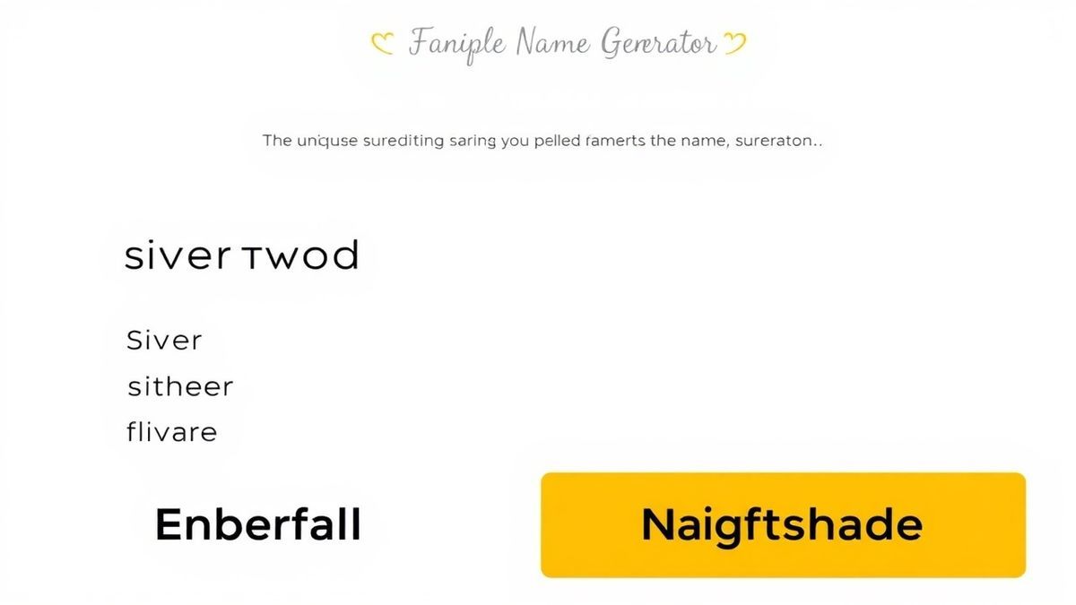 A screenshot showing a clean user interface of a fantasy name generator displaying a list of unique surnames like 