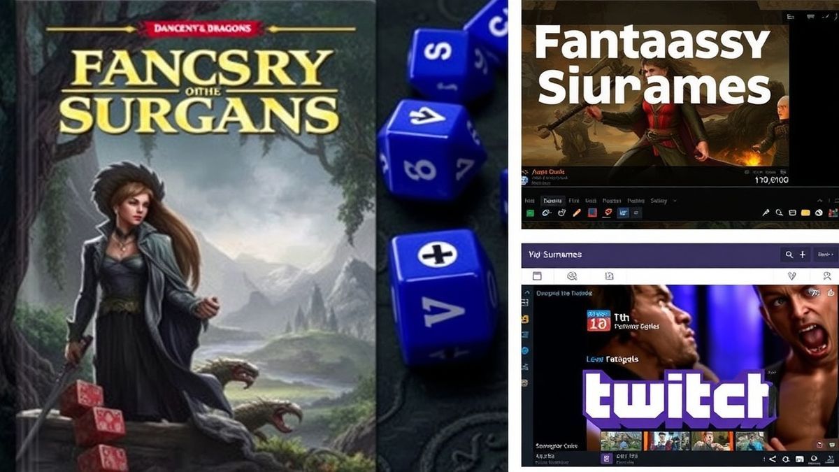 A collage showing a fantasy book cover, a Dungeons and Dragons dice set, and a Twitch streaming interface to illustrate the various use cases for fantasy surnames