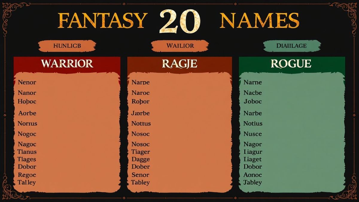 A visual chart displaying 20 fantasy male names categorized by Warrior, Mage, and Rogue archetypes with fantasy-themed fonts A visual chart displaying 20 fantasy male names categorized by Warrior, Mage, and Rogue archetypes with fantasy-themed fonts