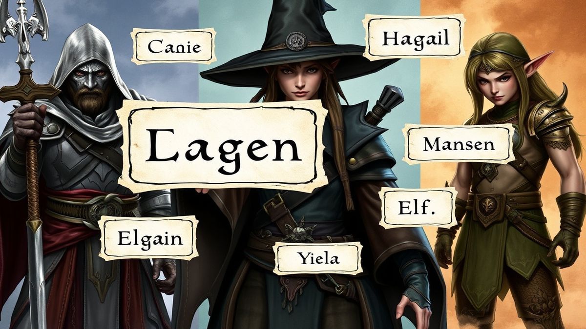 A collage of fantasy RPG characters including a warrior, mage, and elf, with floating name tags around them