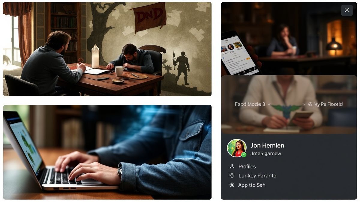 A collage showing a D&D game session, a writer typing on a laptop, and a gamer's profile setup with a unique fantasy username A collage showing a D&D game session, a writer typing on a laptop, and a gamer's profile setup with a unique fantasy username