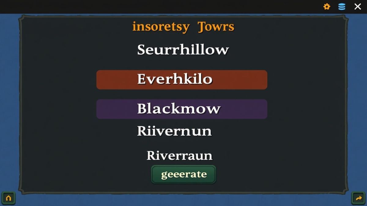 A colorful digital interface displaying a list of generated medieval fantasy town names like Silverhollow, Blackmoor, and Riverrun, with a 