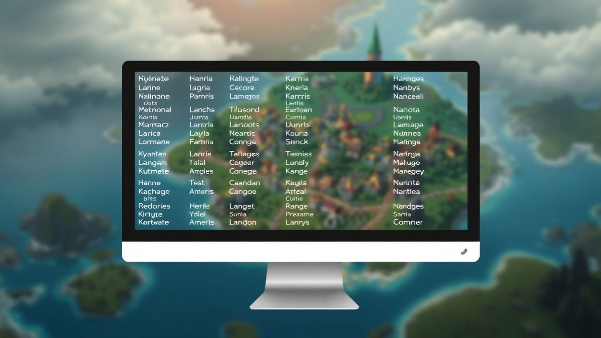 ai generated city names list on a computer screen with fantasy map background
