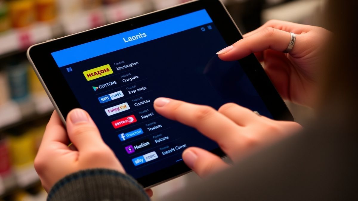 Person choosing a brand name from a list on a digital tablet