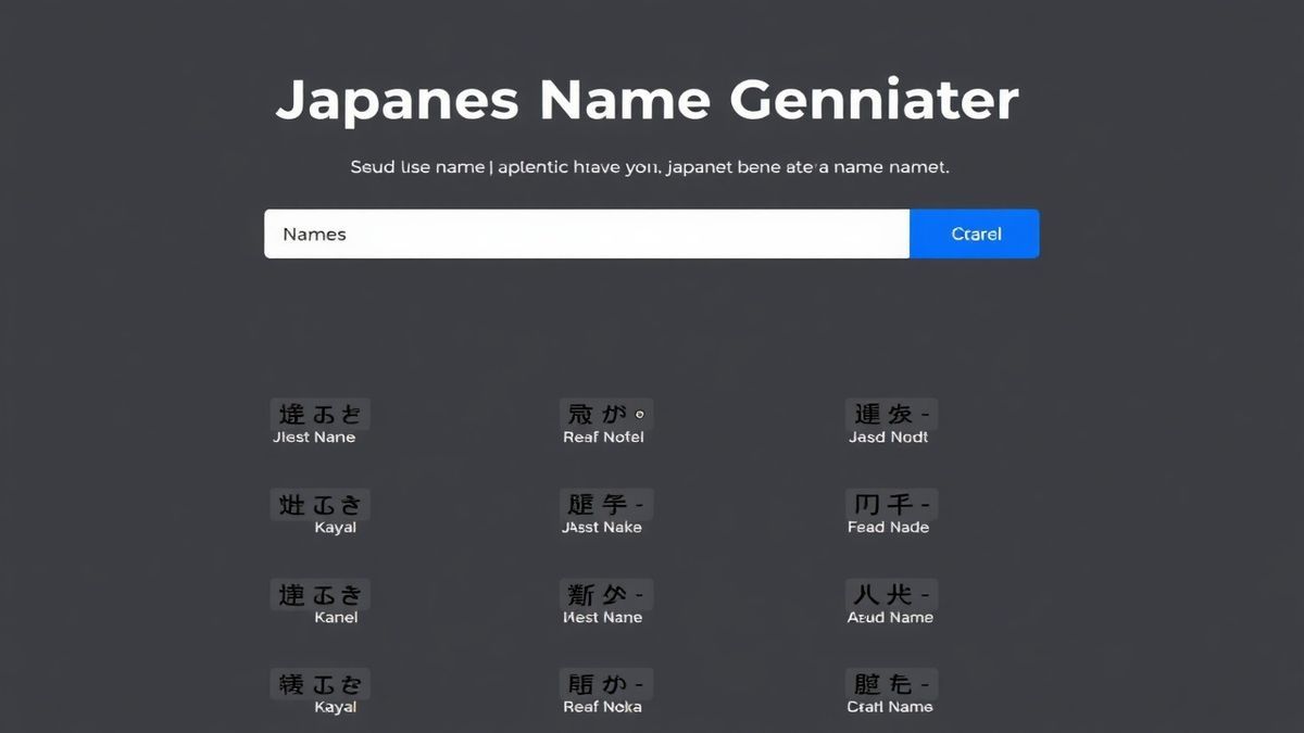 A clean interface of a Japanese name generator tool displaying a list of authentic names with kanji and meanings