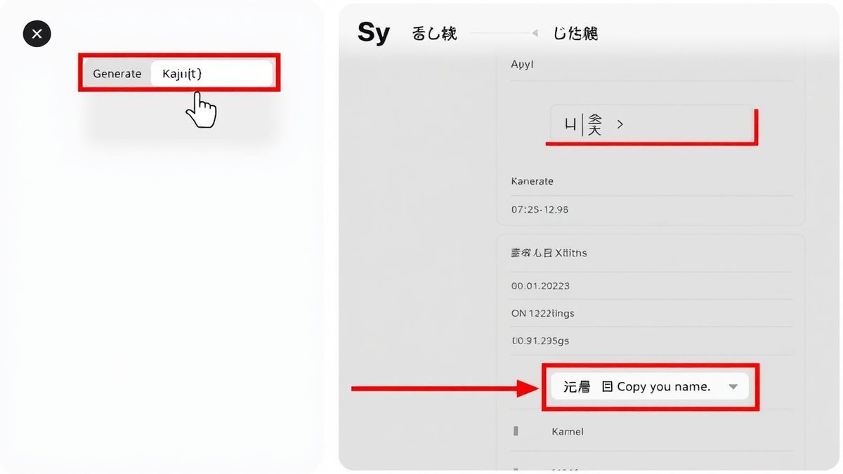 Step by step guide showing a user clicking generate, viewing kanji, and copying the name Step by step guide showing a user clicking generate, viewing kanji, and copying the name