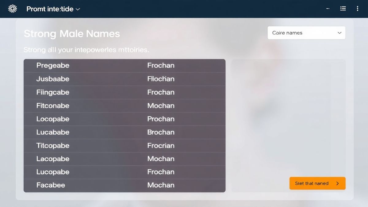 AI powered male name generator interface showing a list of strong and unique male names