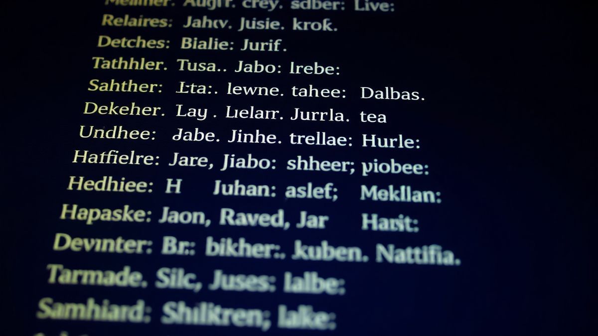 AI generated list of medieval surnames on a digital screen