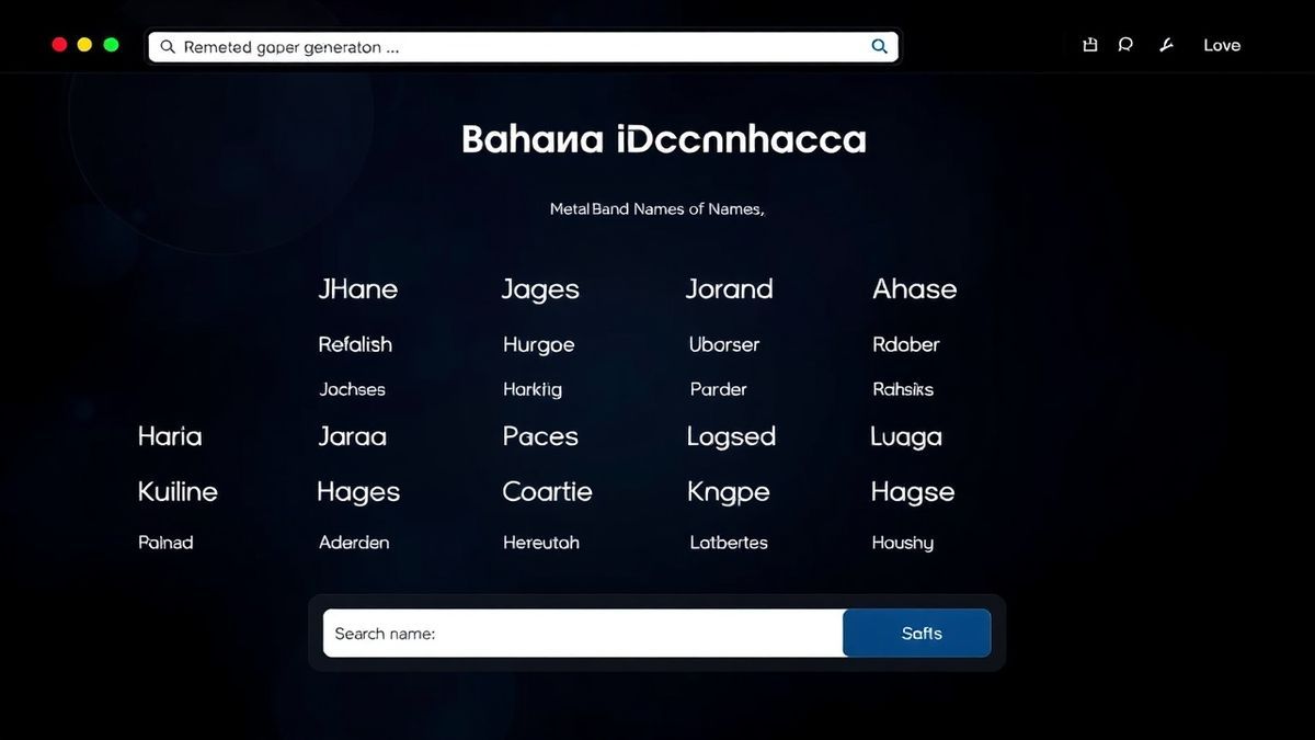 modern AI name generator tool interface showing metal band names on a dark themed website
