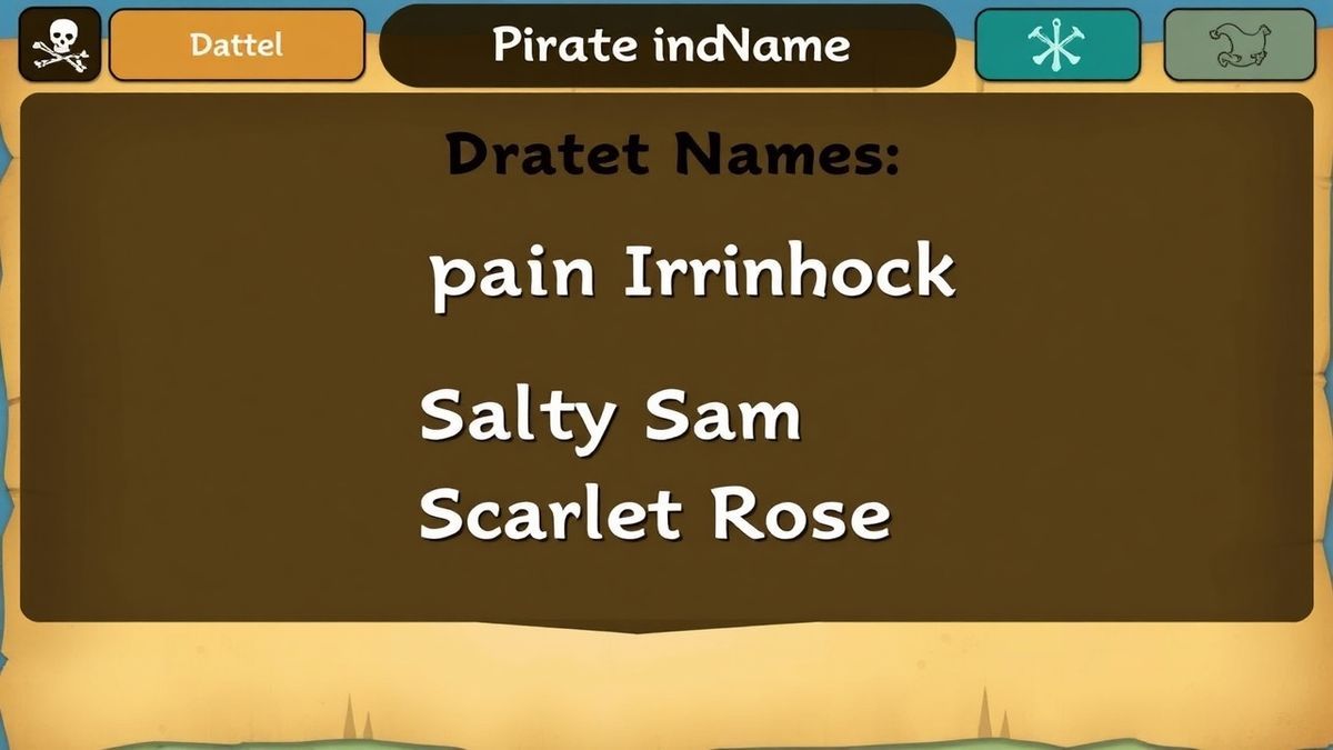 A colorful digital interface displaying a list of generated pirate names like 