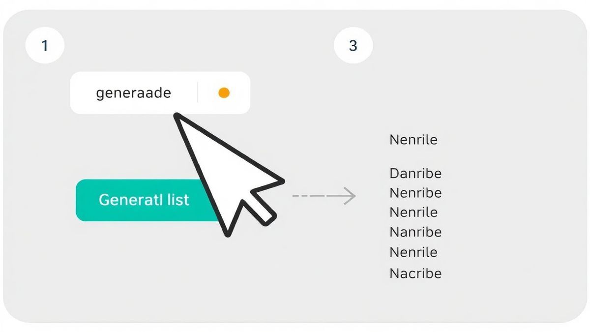 A step-by-step infographic showing a cursor clicking the 'generate' button on the website, then a clipboard icon next to a generated name list A step-by-step infographic showing a cursor clicking the 'generate' button on the website, then a clipboard icon next to a generated name list