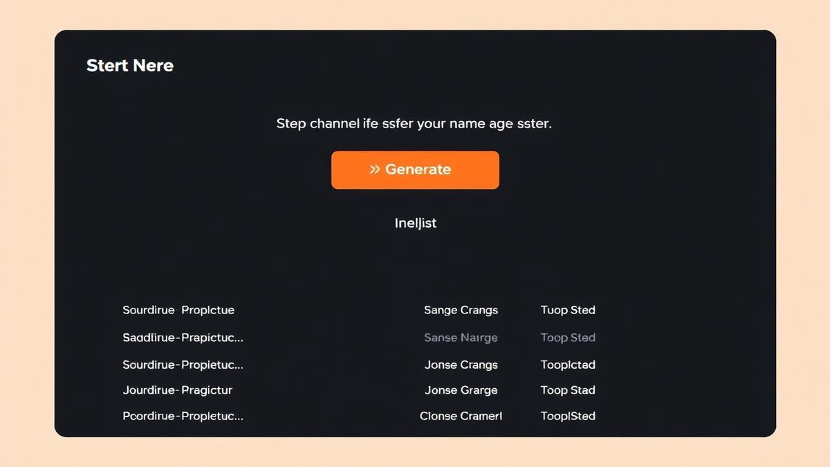 a clean step-by-step interface showing a user clicking generate on a name generator tool, resulting in a list of creative channel names a clean step-by-step interface showing a user clicking generate on a name generator tool, resulting in a list of creative channel names
