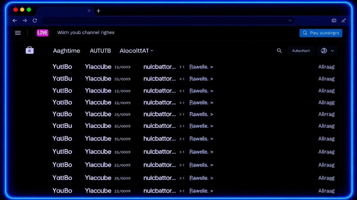 a modern web interface showing a list of unique youtube channel names generated by ai, glowing blue and purple neon style